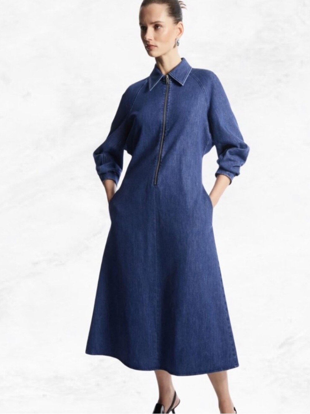 COS Half-Zip Denim Long Sleeve Mini Dress Size 8 - Picture 1 of 16